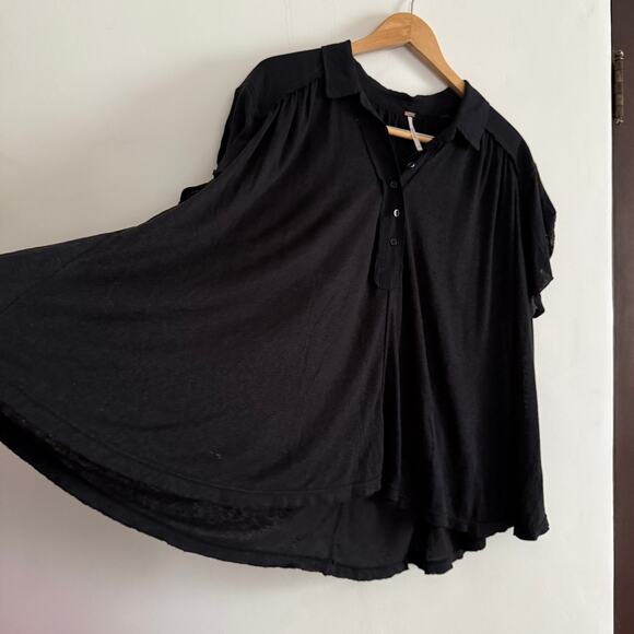 FREE PEOPLE | Black Linen Blend Swing Polo V Neck Swing Trapeze Top  Small - Picture 2 of 5
